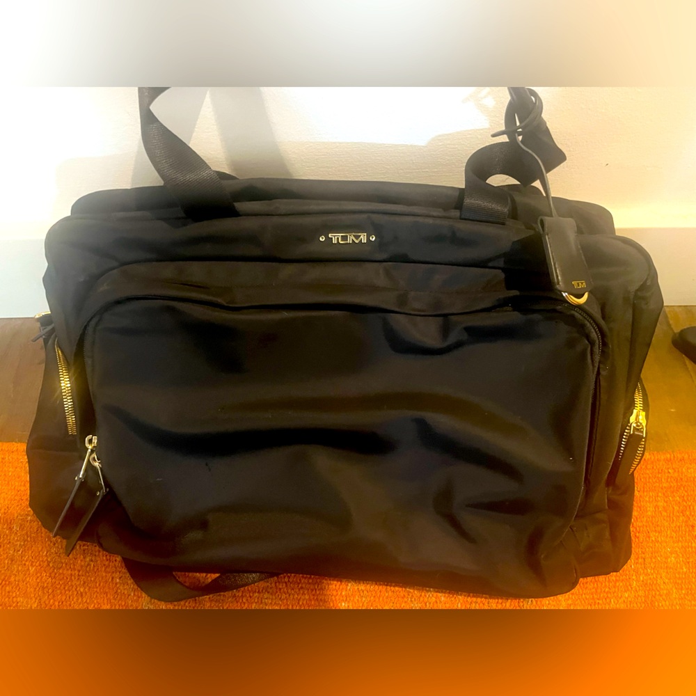 Black Tumi canvas briefcase with long strap & handle